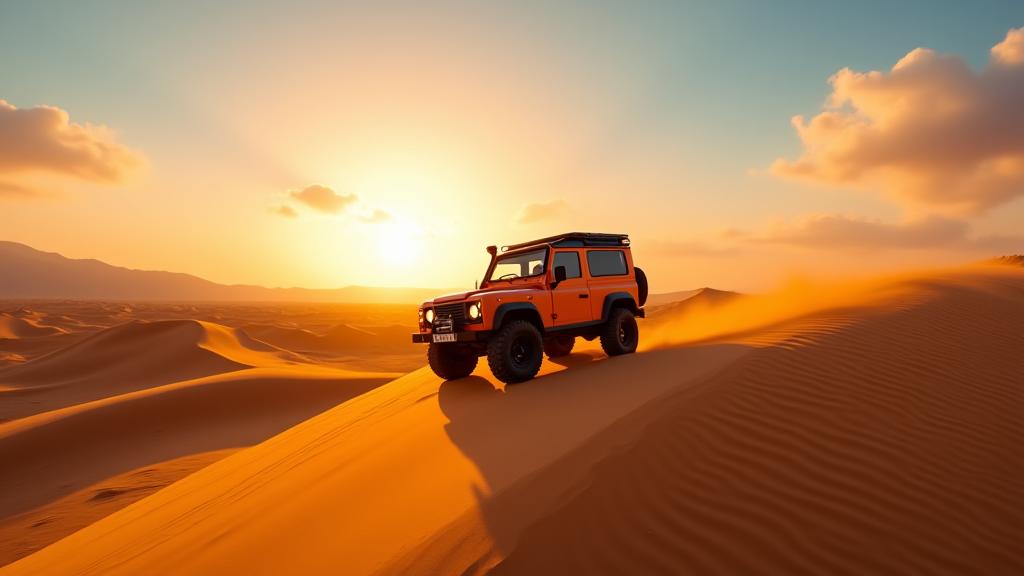 Un 4x4 robust traversant des dunes de sable au coucher du soleil