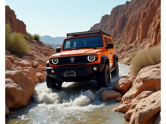 Un 4x4 de Désert Roule traversant un oued asséché bordé de rochers.
