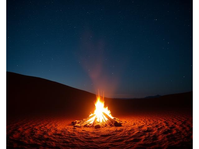 Feu de camp crépitant sous un ciel étoilé lors d'un bivouac dans le désert.