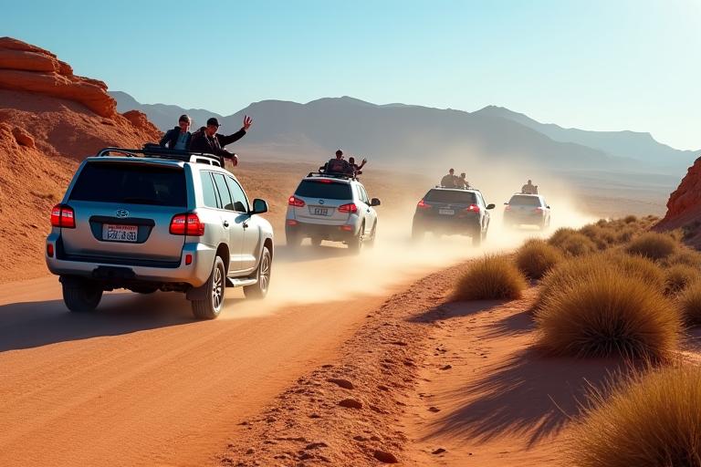 Groupe de 4x4 suivant un guide à travers un paysage désertique époustouflant