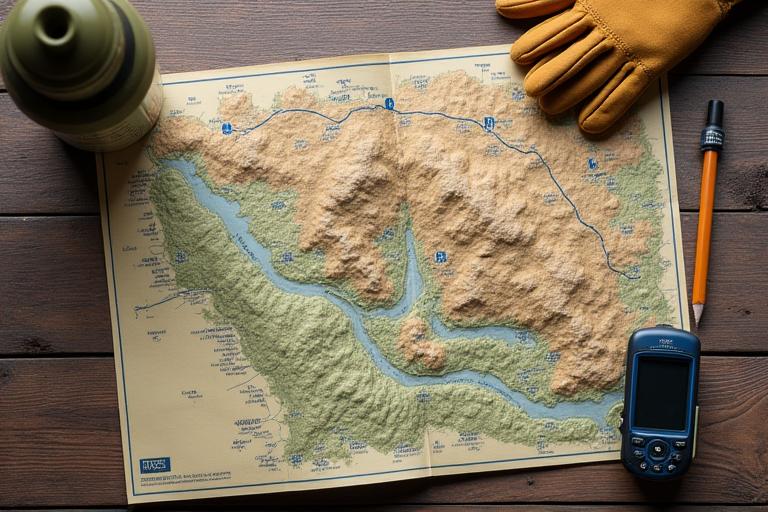 Carte topographique du désert avec des marqueurs d'itinéraire et un GPS pour la planification d'itinéraires